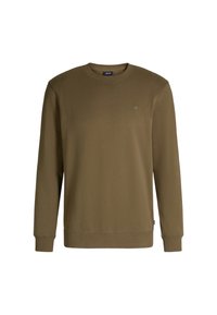 Khaki zielony sweter z miękkiego materiału, z długimi rękawami, okrągłym dekoltem i małym haftowanym logo na piersi.