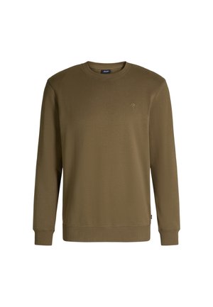 Felpa verde khaki in tessuto morbido, con maniche lunghe, colletto a girocollo e un piccolo logo ricamato sul petto.