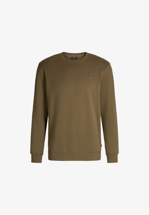 Felpa verde khaki in tessuto morbido, con maniche lunghe, colletto a girocollo e un piccolo logo ricamato sul petto.