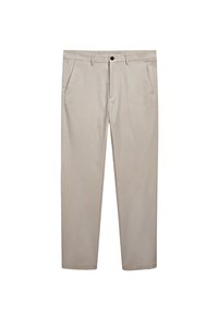 Beige trousers made from a smooth cotton blend. Features include side pockets, a buttoned waistband, and straight leg design.
