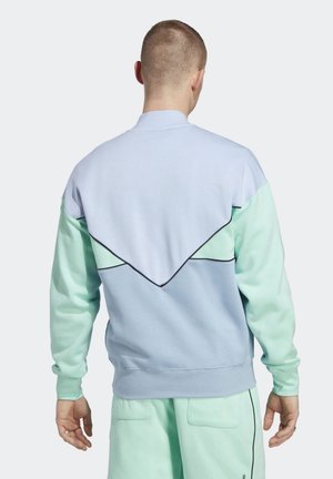 Mężczyzna ubrany w bluzę w kolorze jasnoniebieskim i miętowym oraz miętowe spodnie, pokazany od tyłu na jednolitym tle.