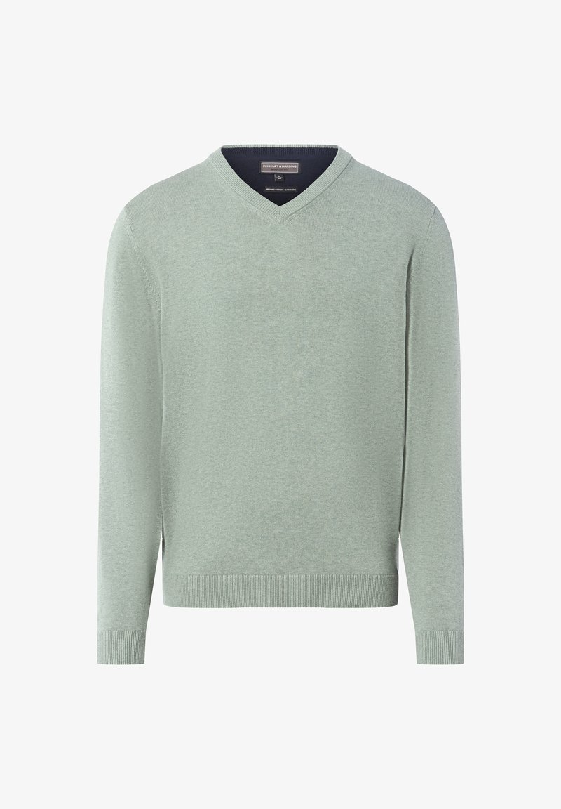 V-hals trui in lichtgroen, gemaakt van zacht breiwerk. Lange mouwen, geribde manchetten en zoom. Glad textuur met een minimaal patroon.