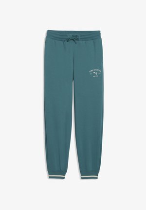 Pantalon de survêtement bleu sarcelle avec taille élastique et cordon de serrage, poignets élastiques avec bande blanche, et petit logo Puma Athletics blanc sur la cuisse gauche.