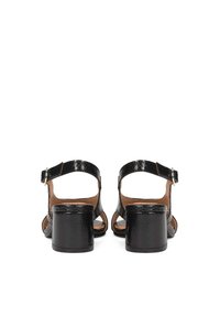 Sandales à talon bloc en simili peau de serpent noire, avec brides à la cheville et boucles argentées, vues de dos sur fond blanc.