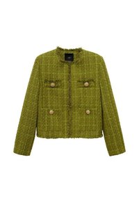 Chaqueta de tweed verde con bordes deshilachados, dos bolsillos delanteros y botones en tono dorado. Ajuste corto con escote redondo y acabado texturizado.