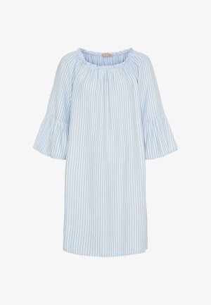 Lyseblå og hvid stribet kjole med en samlet halsudskæring og udstyrt ærmer. Lavet af letvægtigt stof med en afslappet pasform.