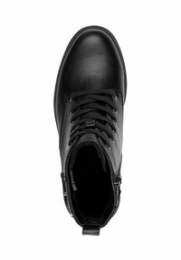 Schwarze Lederknöchel-Stiefel mit Schnürung vorne und metallischen Ösen, glatte Oberfläche, runde Zehenpartie, Innenfutter und seitlichem Reißverschluss.