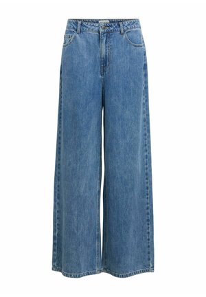 Jean large en denim bleu avec poches avant, passants pour ceinture, et une fermeture à bouton et zip à la taille.