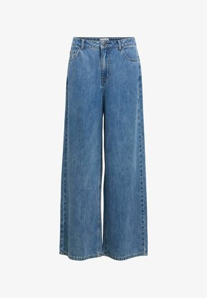 Široke modre jeans hlače iz jeansa z žepi spredaj, zankami za pas, in zapiranjem na gumb in zadrgo v pasu.