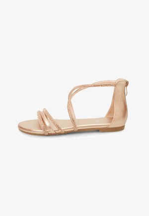 Flache Sandalen aus Roségold mit schimmernden Riemen, glatter Oberfläche, offener Zehenpartie und einem Reißverschluss auf der Rückseite für ein einfaches An- und Ausziehen.