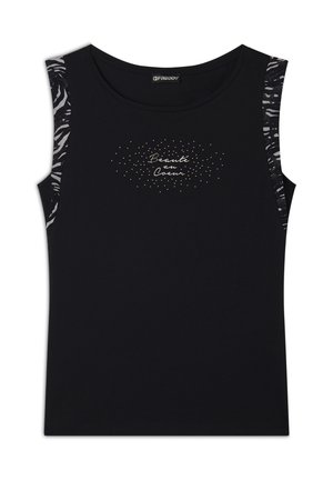 Top sans manches noir avec un col rond, des accents texturés à motifs zèbres et une impression métallique au centre portant la mention "Beauté au Coeur".