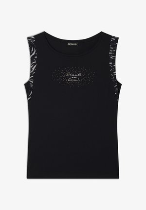 Top senza maniche nero con scollatura rotonda, dettagli in tessuto a righe zebrate e stampa metallica che recita "Beauté au Coeur" al centro.