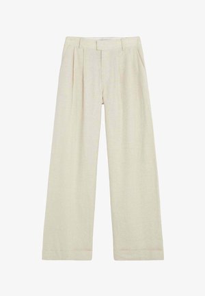 Pantalones crema de pierna ancha con pliegues, trabillas para cinturón, bolsillos laterales y cierre frontal oculto.