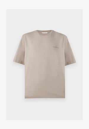 Beige short-sleeve crewneck t-shirt with small "Tiger of Sweden" logo on left chest, displayed on white background.