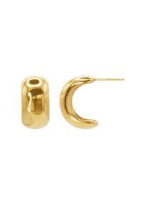 Goldene Creolen mit einer glatten, polierten Oberfläche. Eine Ohrringe hat eine abgerundete Form, während der andere wie ein Halbmond mit einem Stecker geformt ist.