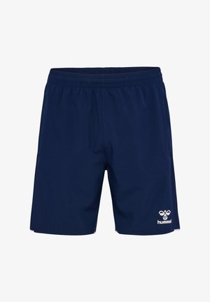 Mörkblå träningsshorts med elastisk midjeband och vit Hummel-logotyp på nedre högra benet mot en vit bakgrund.