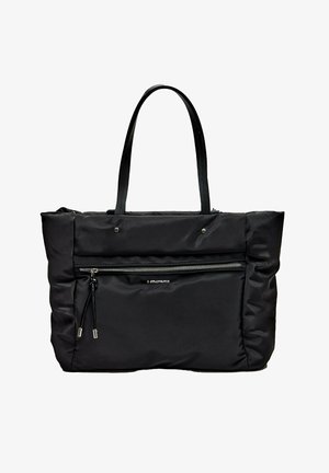 Črna najlonska torba s puhasto zasnovo, ki ima dvojne ročaje in sprednji žep na zadrgo z metalnimi dodatki.
