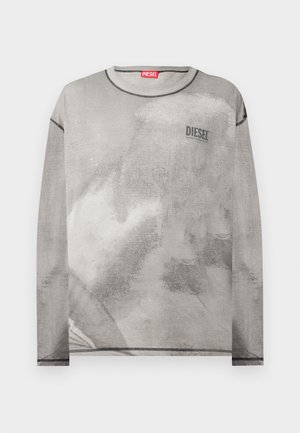 Szara, jasna bluza Diesel z długim rękawem, z delikatnym, abstrakcyjnym nadrukiem oraz kontrastującymi czarnymi przeszyciami wokół dekoltu, mankietów i końcówek.