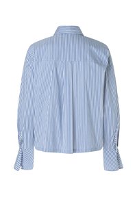 Blau-weißt gestreiftes Hemd mit Kragen, langen Ärmeln und gefälteter Rückenpartie. Der Stoff wirkt strukturiert und leicht.