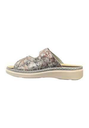 Slip-on sandal with textured multicolor upper, open toe design, and beige cushioned sole with visible stitching.