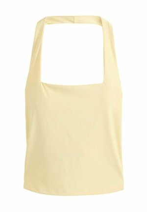 Ärmelloses, blassgelbes Top mit quadratischem Ausschnitt und breiten Schulterriemen, präsentiert vor weißem Hintergrund.