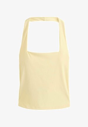 Sleeveless pale yellow top with square neckline and wide shoulder straps, displayed on a plain white background.