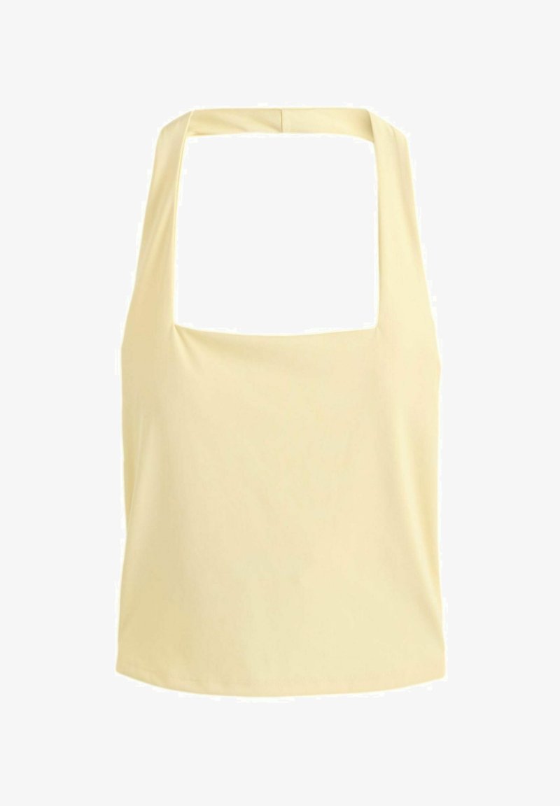 Haut sans manches jaune pâle avec encolure carrée et larges bretelles, présenté sur un fond blanc uni.
