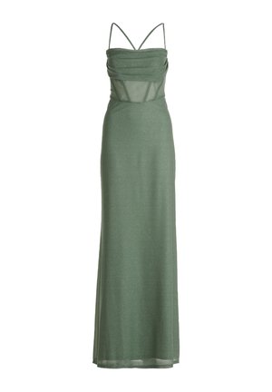 Grøn, ærmeløs maxi-kjole med draperet bodice og gennemsigtig panelering. Har tynde spaghetti-stropper og en glat, glitrende tekstur.