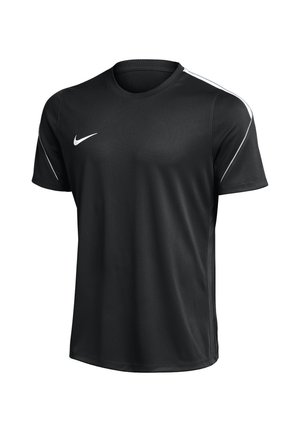 Maglietta sportiva nera a manica corta con logo Nike bianco sul petto e dettaglio a striscia bianca sulla spalla e sulla manica destra.