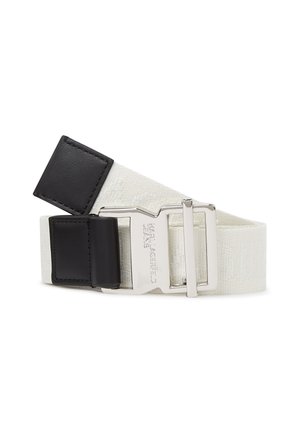 Valge kangast vöö mustade nahast otstega ja hõbedase metallist pandlaga, millele on graveeritud "Karl Lagerfeld".