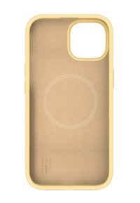 Funda de teléfono amarilla con un exterior suave, área de cámara abierta y un interior color marrón claro con un punto magnético circular.