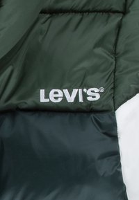 Groene pufferjack met een glanzende afwerking, gestikte textuur en contrasterend donkergroen paneel. Inclusief 'Levi's' logo in witte borduursel.