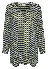 Tunique à manches longues en vert, bleu marine et crème, présentant un motif en losange et un décolleté en V. Le tissu semble léger avec une texture douce.