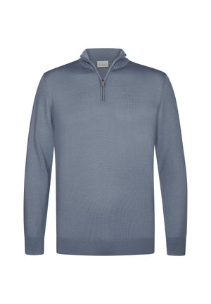 Pull bleu ciel avec un col zippé au quart, des poignets côtelés et un ourlet. Le tissu est lisse, présentant une texture subtile et une coupe ajustée.