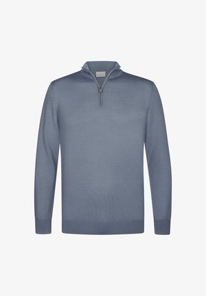 Himmelblå sweater med lynlås op til kvart hals, ribbede manchetter og kant. Stoffet er glat, med en subtil tekstur og et tætsiddende design.