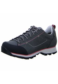 Gray hiking shoes with a suede upper, black rubber toe cap, pink stitching, and a textured outsole for traction.