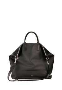 Borsa a spalla in pelle nera con manici doppi, tracolla regolabile e due scomparti con zip. Texture liscia e design minimalista.