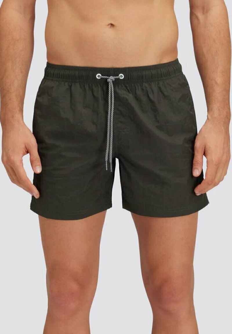 Costume da bagno verde scuro con elastico in vita, cordino regolabile e una superficie liscia. Lunghezza corta, design minimale, senza motivi visibili.
