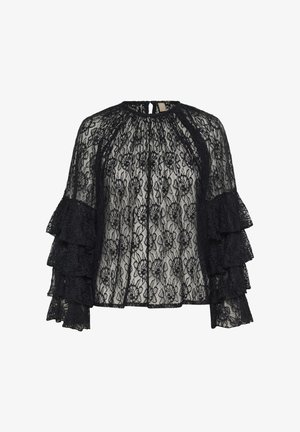 Zwarte kanten blouse met een hoge halslijn, gerimpelde mouwen en bloemenpatronen. Doorzichtige textuur met verticale naden en een sleutelgatdetail aan de achterkant.