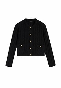 Mustat, neulottu pitkähihainen villatakki, jossa on pyöreä kaula-aukko, kuusi kultaa nappia edessä ja kaksi etutaskua kultanappiyksityiskohdilla.