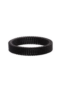 Bracciale nero intrecciato con un design flessibile e simile a una maglia. Caratterizzato da una texture liscia e una forma rotonda, adatto per un abbigliamento casual.