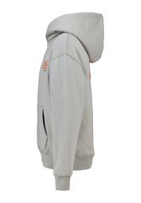 Light gray hoodie with a kangaroo pocket, adjustable drawstring hood, and orange mountain logo on the chest. Soft cotton blend material.