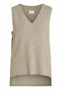 Beige bezrukávový pletený top s V-výstřihem, ribbovanou strukturou a bočními rozparky. Design má uvolněný střih a jemné švy.