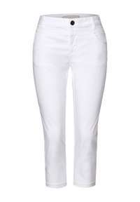 Witte cropped broeken, gemaakt van een katoenmix, hebben een voorknopsluiting, twee zijzakken en een gladde textuur.