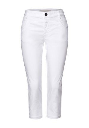 Bílé zkrácené kalhoty vyrobené z bavlněné směsi mají přední zapínání na knoflík, dvě boční kapsy a hladkou texturu.