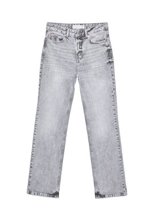 Grå denim jeans med lige ben, distressed detaljer, fem lommer og kobbernitter. Taljebåndet har et logomærke.