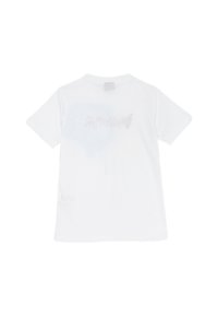 T-shirt bianca in cotone a maniche corte, con un motivo stampato leggero sulla schiena e orlo dritto. Etichetta visibile al collo.