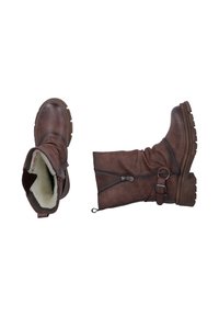 Brown faux leather ankle boots with a slouchy design, rugged sole, side zippers, and warm lining visible at the top for added comfort.