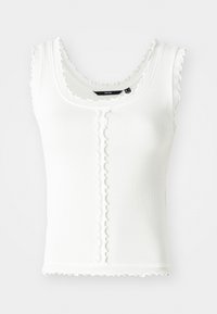 Débardeur blanc à côtes avec des bords festonnés, un décolleté en forme de goutte et des détails de boutons sur le devant. Conçu dans une coupe ajustée.