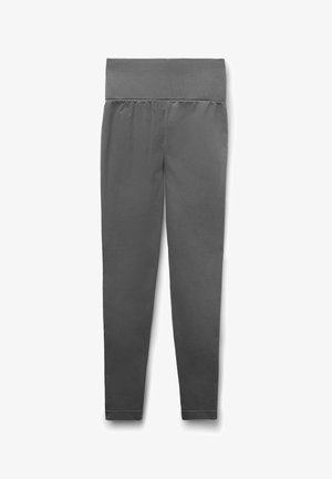 Leggings grises hechas de material suave, con una cinturilla ancha elástica, ajuste ceñido y diseño hasta el tobillo sin patrones ni adornos.